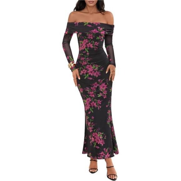 Women's Off Shoulder Floral Maxi Dress Formal Black - Picture 1 of 6
